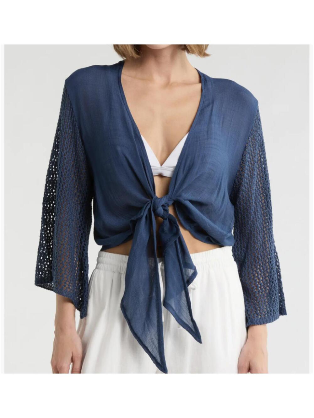 Elan Tie Front Bell Sleeve Crochet Cover-Up Top, Navy, New with Tags, Medium
